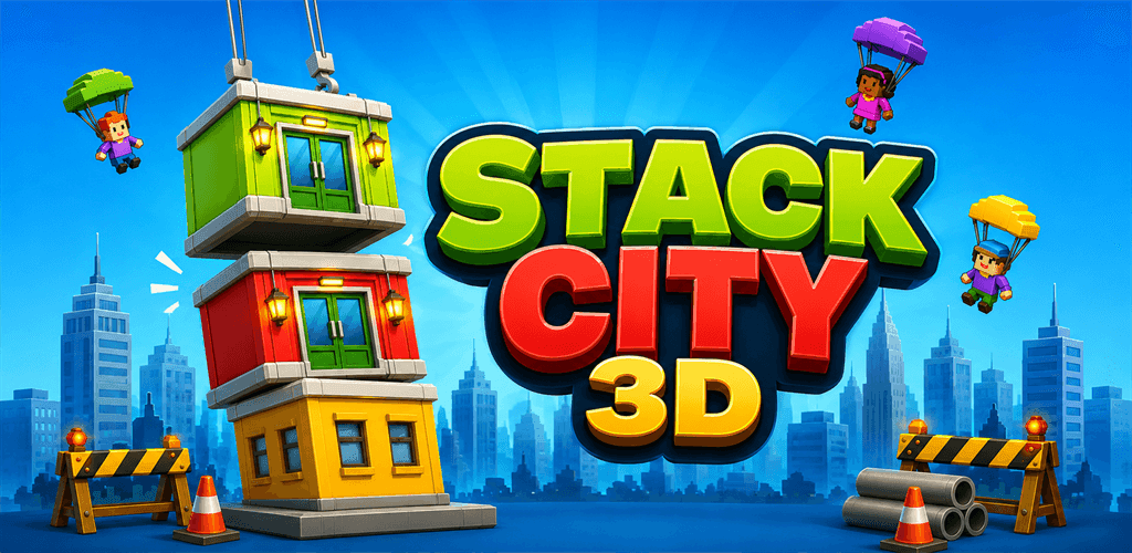 Stack City 3D key art — a crane stacking colourful floors above a city skyline